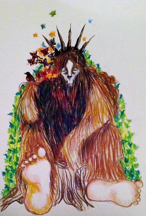 ("Bigfoot". Wednesday 10/23/13. Start- 2:35 pm. End- 9:36 pm. Colored Pencil and Sharpie.)
