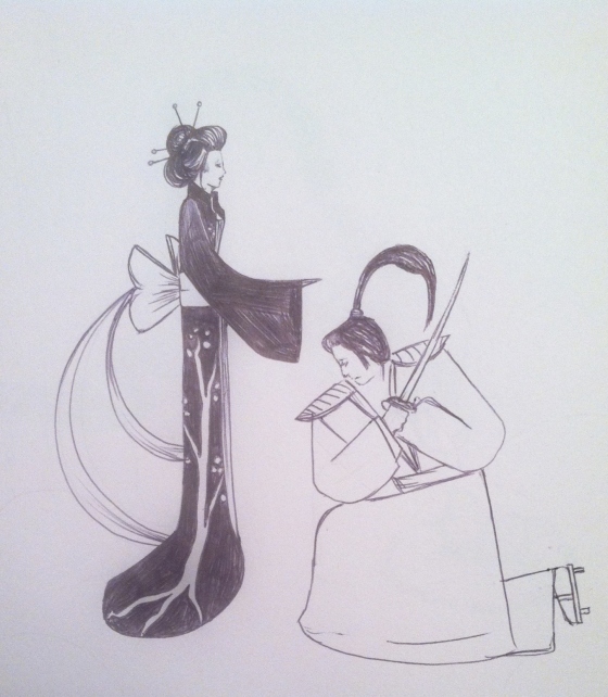 ("Samurai and Geisha". Sunday 2/16/14. Pen. Another lazy day.)