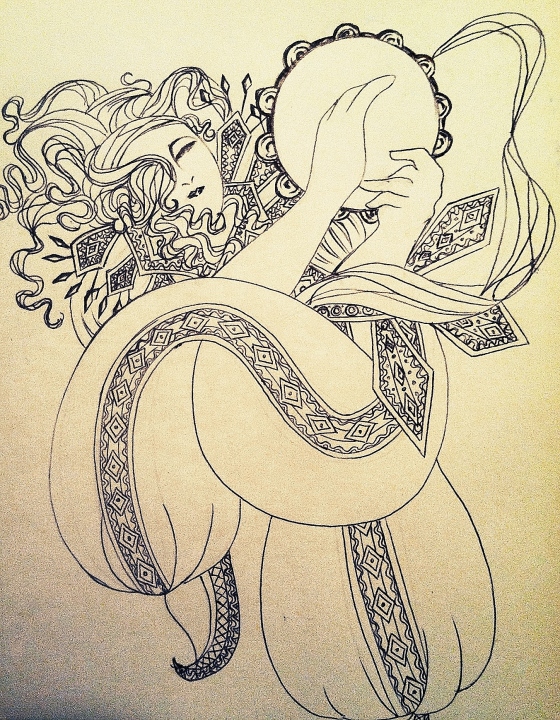 ("La gitana". Thursday 2/20/14. Pen. I drew this one at a show. Inspired by the dancers and musicians.)