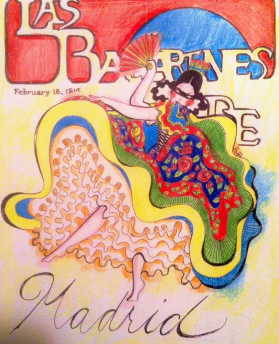 ("Las bailarienes". Tuesday 2/18/14. Pen, Sharpie, and Colored Pencil. Inspired by old French magazine covers.)