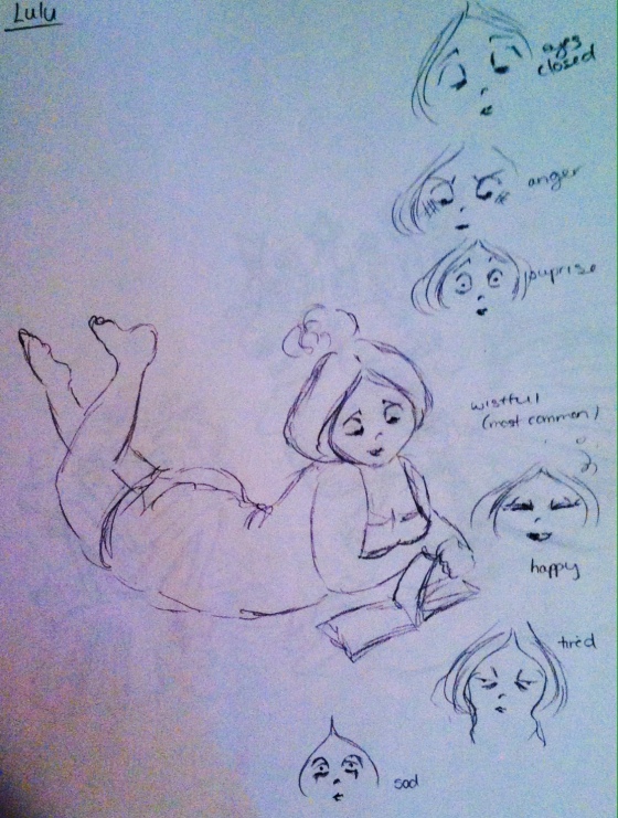 ("Lulu - character sketch". Thursday 5/8/14. Pencil.)