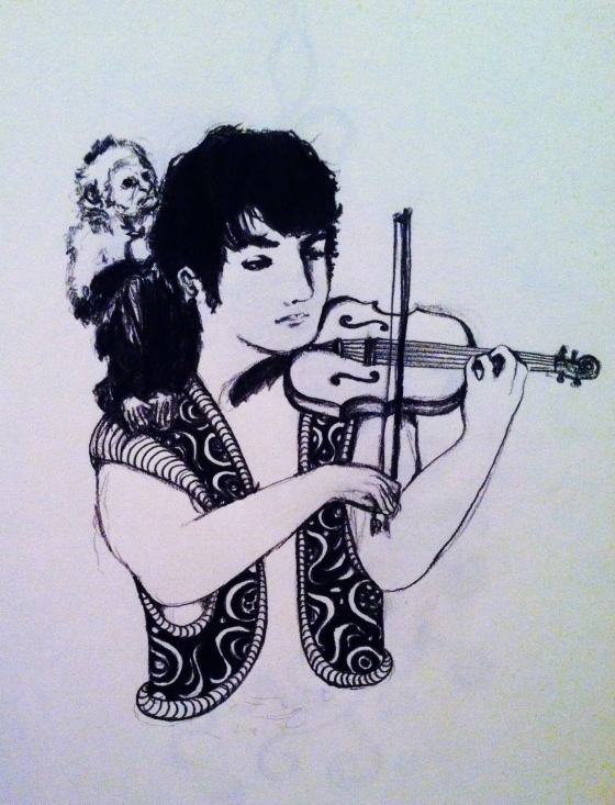 ("Violin Player". Sunday 7/6/14. Pencil.)